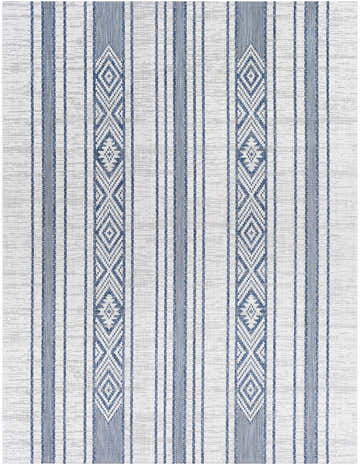 Close-up of the Yankalilla Area Rug: dark blue stripes and geometric diamond pattern on off-white polypropylene. Design-Rectangle-710102