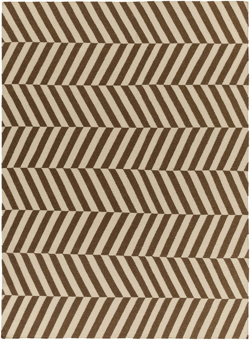 Close-up of the Yards Area Rug. Brown and cream wool rug with a contemporary geometric stripe pattern. Hand woven. Design-Rectangle-811