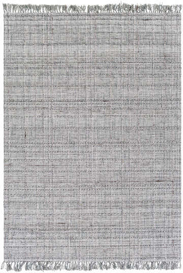 Close-up of the hand-loomed Yatala Area Rug; a contemporary rug in shades of gray, ivory, and brown with fringe detail. Design-Rectangle-576