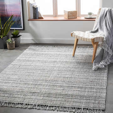 Neutral room scene with Yatala area rug, woven chair, plants, and window. Calming, contemporary style. Roomscene-Rectangle