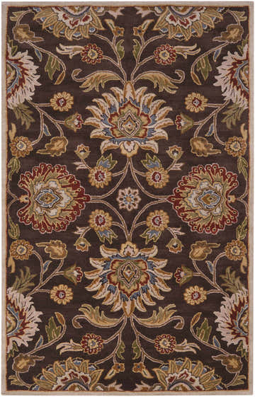 Detailed floral pattern on the brown Conesus Hand Tufted 1051 Area Rug. Brick red, beige, and olive accents. Design-Rectangle-58