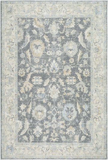 Close-up of the Yetta Tan Thick Luxe Area Rug featuring a traditional floral pattern in gray, tan, and pale blue. Design-Rectangle-679