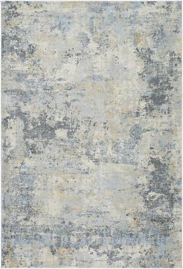 Close-up of the Adamma Thick Luxe Rug; a contemporary rug in gray, blue, peach, and tan with a distressed texture. Design-Rectangle-679