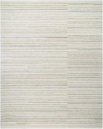 Close-up of Yuuta Modern Wool Rug. Hand-tufted, light silver and warm gray stripes create a contemporary rectangular design. Design-Rectangle-810