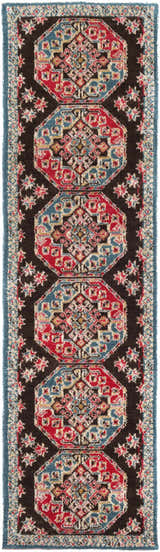 Close-up of the Yettem Clearance Rug. Traditional runner rug with aqua, brown, red, and white geometric pattern. Farmhouse style. Design-Runner-38