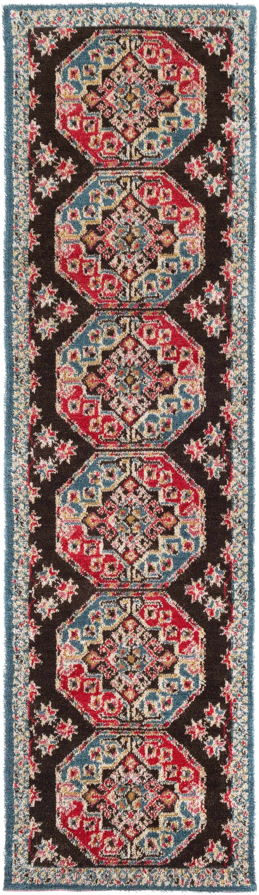 Close-up of the Yettem Clearance Rug. Traditional runner rug with aqua, brown, red, and white geometric pattern. Farmhouse style. Design-Runner-38