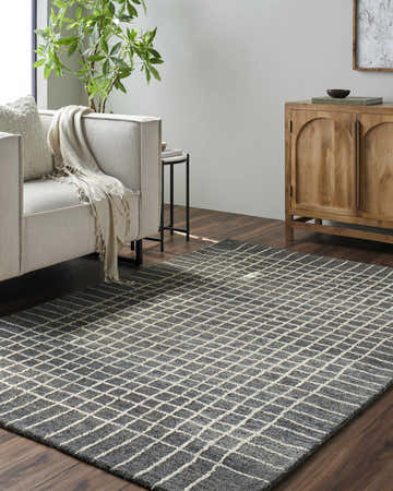 Living room scene with a gray Yates Area Rug featuring a geometric grid pattern, sofa, and wood cabinet. Roomscene-Rectangle