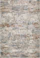 Close-up of the Yoshe Thick Luxe Rug. Beige, gray, and tan hues create a contemporary abstract pattern. Machine woven texture. Design-Rectangle-6792
