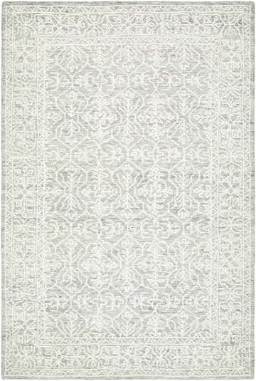 Close-up of Yadid Gray Wool Area Rug. Hand-tufted rug with light silver, off-white, and gray traditional floral pattern. Design-Rectangle-576