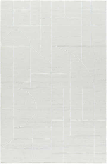 Close-up of the Yvian Area Rug. Light silver wool rug with a geometric pattern of lines and shapes. Hand woven texture. Design-Rectangle-576