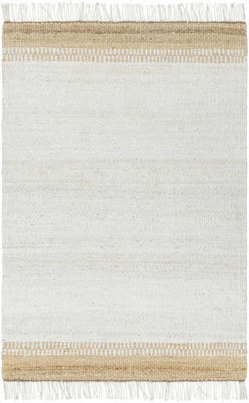 Close-up of the hand woven Yuuki Area Rug. Ivory and tan jute rug with fringe and a farmhouse style border pattern. Design-Rectangle-576