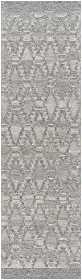 Close-up of the hand-woven Yank Area Rug. Dark gray diamond pattern on light gray, farmhouse style. Design-Runner-268