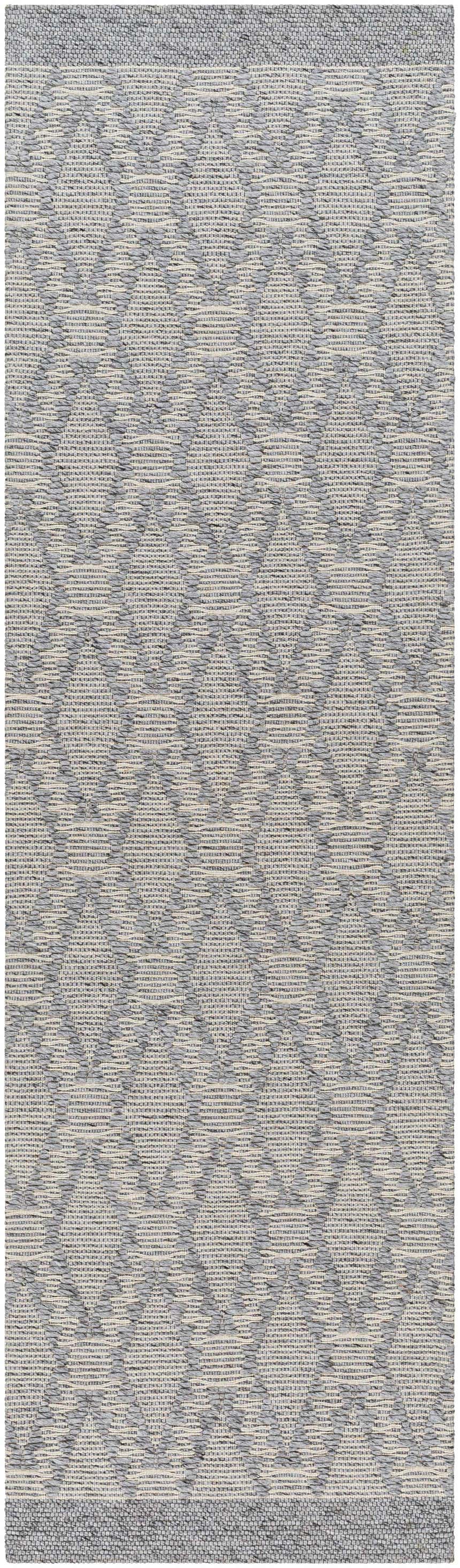 Close-up of the hand-woven Yank Area Rug. Dark gray diamond pattern on light gray, farmhouse style. Design-Runner-268