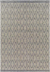 Close-up of the Yank Area Rug, a hand-woven rug with a gray and light brown diamond pattern. Farmhouse style. Design-Rectangle-576