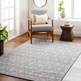 Living room scene with a gray chair and the gray Yank Area Rug. Roomscene-Rectangle