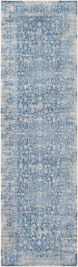 Close-up of a distressed Yorkana Blue Rug, featuring a traditional, vintage-inspired pattern in blue, gray, and beige tones. Design-Runner-279