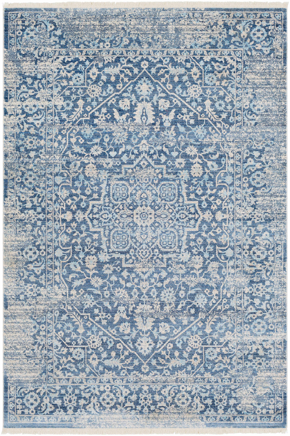 Close-up of the Yorkana Distressed Blue Rug, showcasing its traditional, vintage-inspired floral pattern and distressed texture. Design-Rectangle-579