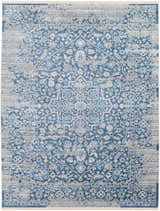 Close-up of the Yorkana Distressed Blue Rug. Features a traditional, vintage-inspired design in blue, gray, and beige tones. Design-Rectangle-710103