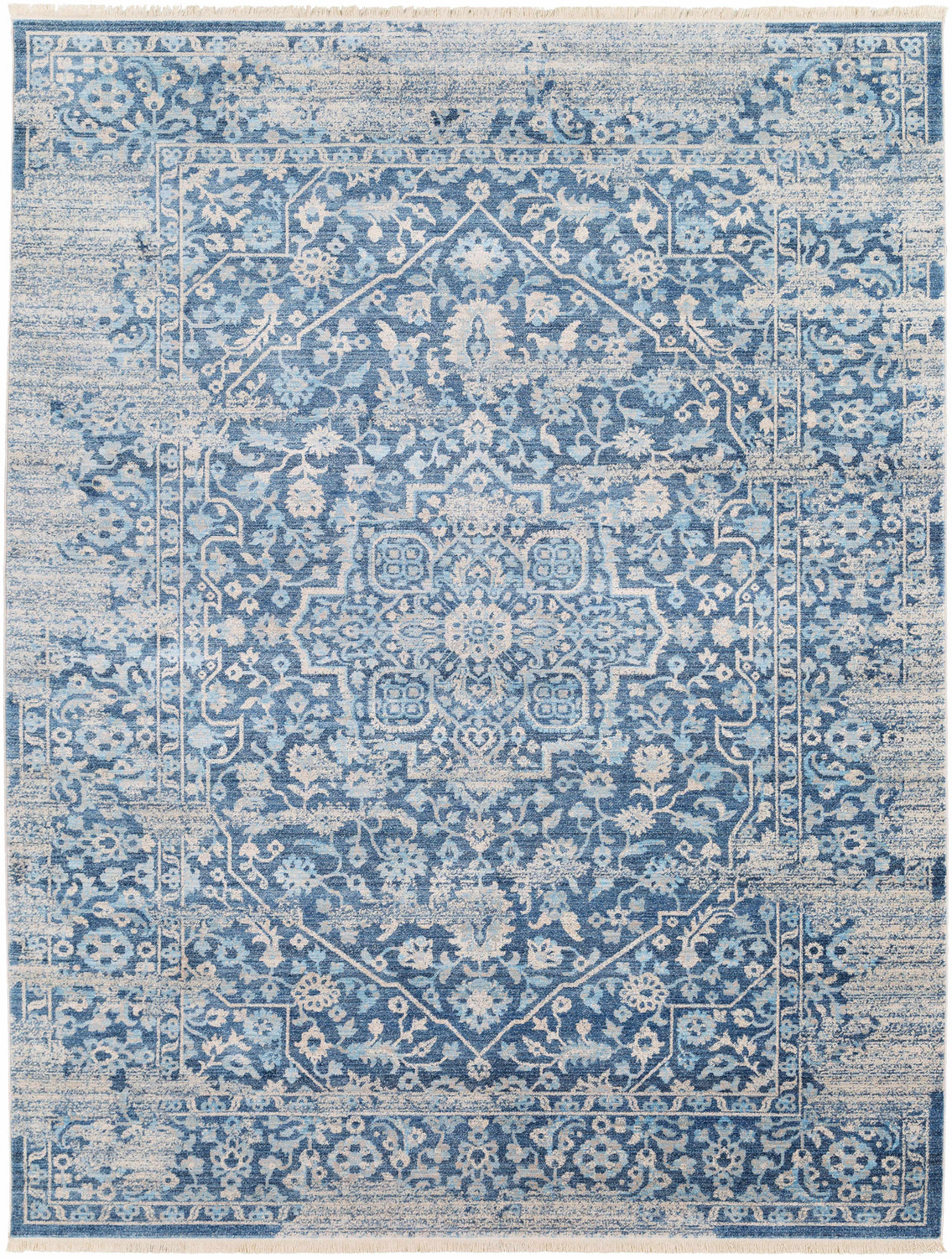 Close-up of the Yorkana Distressed Blue Rug. Features a traditional, vintage-inspired design in blue, gray, and beige tones. Design-Rectangle-710103