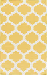 Close-up of the Youngtown Area Carpet. Hand-woven wool rug in mustard yellow and ivory with a geometric trellis pattern. Design-Rectangle-58