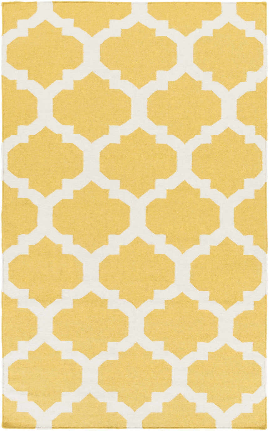 Close-up of the Youngtown Area Carpet. Hand-woven wool rug in mustard yellow and ivory with a geometric trellis pattern. Design-Rectangle-58