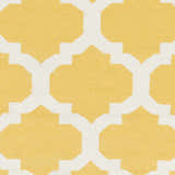 Close-up of Youngtown Area Carpet: hand-woven wool rug with a geometric trellis pattern in mustard yellow and ivory. Swatch