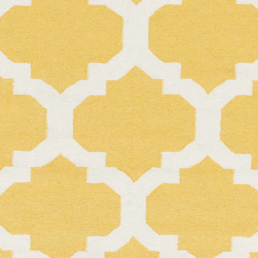 Close-up of Youngtown Area Carpet: hand-woven wool rug with a geometric trellis pattern in mustard yellow and ivory. Swatch