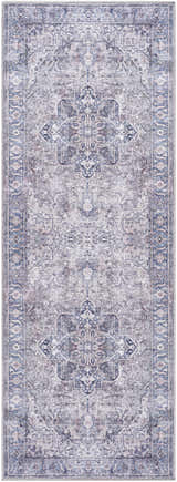 Close-up of the Yoshi Washable Area Rug, featuring a traditional denim, cream, and gray pattern. Design-Runner-2773