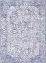 Detailed Yoshi Washable Area Rug in denim and cream. Traditional, farmhouse style with a distressed, vintage look. Design-Rectangle-5373