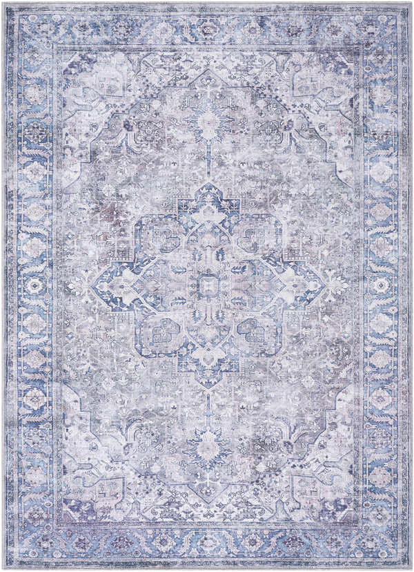 Detailed Yoshi Washable Area Rug in denim and cream. Traditional, farmhouse style with a distressed, vintage look. Design-Rectangle-5373
