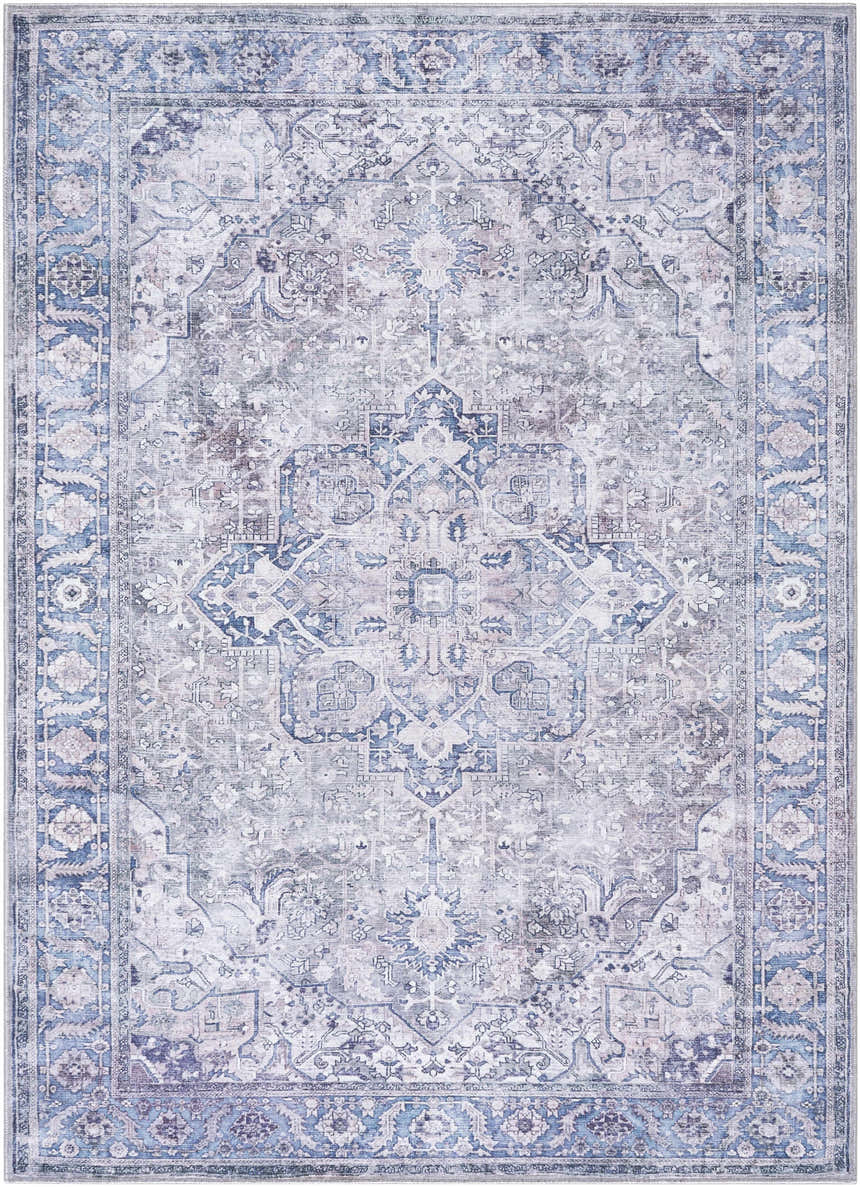 Detailed Yoshi Washable Area Rug in denim and cream. Traditional, farmhouse style with a distressed, vintage look. Design-Rectangle-5373