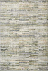 Close-up of the Yancy Thick Luxe Rug, a contemporary rug with beige, gray, olive, and tan horizontal stripes. Design-Rectangle-6792