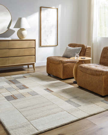 Living room scene with tan leather chairs and the Yusei Area Rug, a contemporary rug in ash, pearl, sage, and tan. Roomscene-Rectangle
