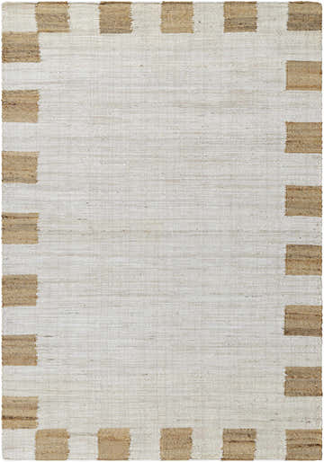 Close-up of the Yuval Dotted Bordered Jute Carpet. Cream rug with a charcoal jute dotted border, hand woven texture. Design-Rectangle-576