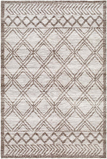 Close-up of the hand woven Yuta Area Rug. Gray and brown diamond and chevron pattern on a light gray background. Design-Rectangle-576