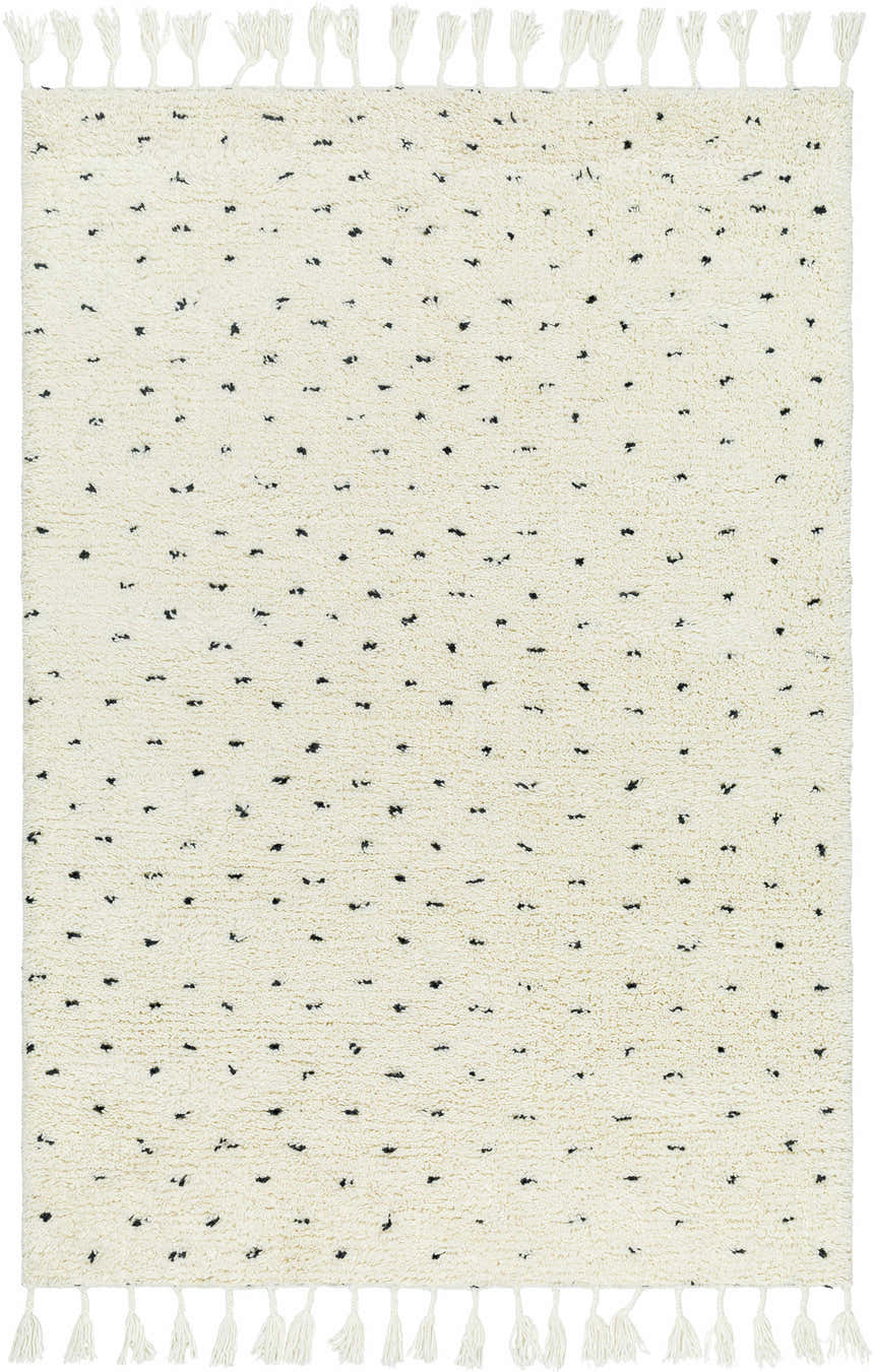 Hand woven Yuuna Area Rug. Pearl and white wool rug with tassel fringe and small black abstract spots. Design-Rectangle-576