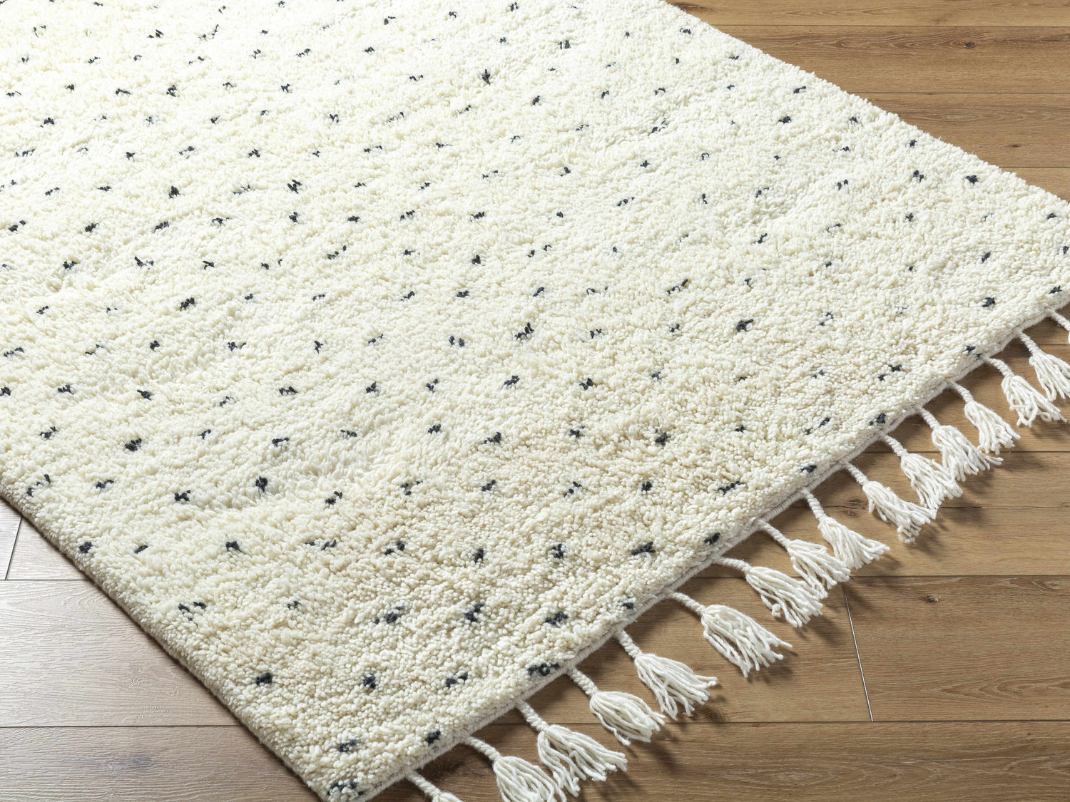 Close up of the hand woven Yuuna Area Rug in pearl and white with tassel fringe. Corner