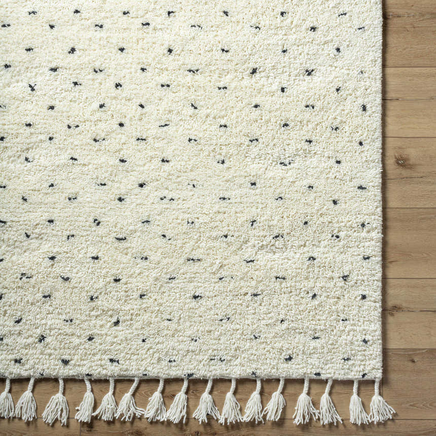 Close-up of the hand woven Yuuna Area Rug. Pearl wool rug with black dot pattern and tassels. Farmhouse style. Swatch