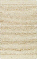 Close-up of the hand woven Yaron Area Rug. Jute and wool rug in pearl and tan horizontal stripes. Design-Rectangle-576