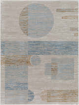 Close-up of the Yoite Area Rug. Contemporary design in blue, ivory, mustard, peach, and tan geometric shapes. Design-Rectangle-537