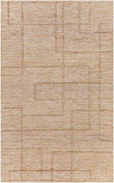 Close-up of the Zana Area Rug. Hand-woven jute and polyester rug in brown, tan, burgundy, and off-white with a geometric pattern. Design-Rectangle-576