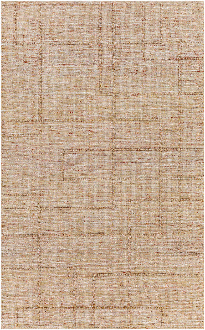 Close-up of the Zana Area Rug. Hand-woven jute and polyester rug in brown, tan, burgundy, and off-white with a geometric pattern. Design-Rectangle-576