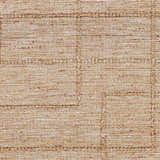 Close-up of the hand woven Zana Area Rug. Tan, off white, and burgundy jute and polyester blend with a contemporary block pattern. Swatch
