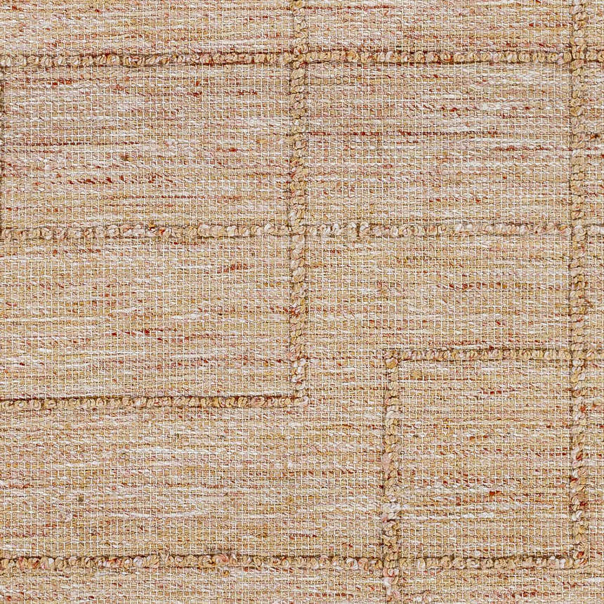 Close-up of the hand woven Zana Area Rug. Tan, off white, and burgundy jute and polyester blend with a contemporary block pattern. Swatch