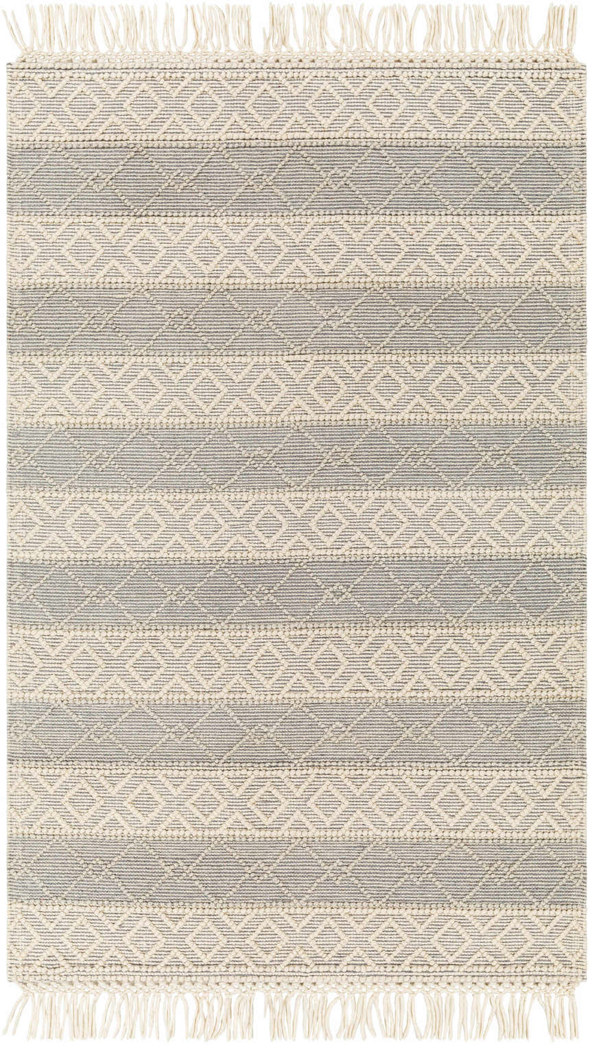 Close-up of Zaza Wool Rug in bone and cloud gray. Hand-woven rug with geometric pattern and tassels. Design-Rectangle-58