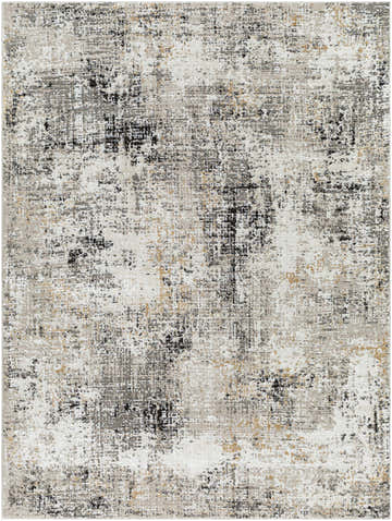 Close-up of the Zasha Area Rug. Southwestern style with charcoal, ivory, mustard, peach, and tan colors. Machine woven polyester. Design-Rectangle-537