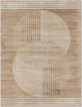 Close-up of Zeke Area Rug with a bone and brown geometric design featuring circles and stripes. Contemporary style. Design-Rectangle-537