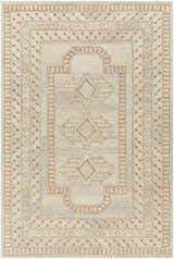 Close-up of the hand-tufted Zlata Area Rug. Farmhouse style with geometric brick red and tan diamond patterns on a pearl background. Design-Rectangle-576