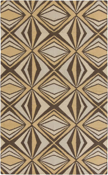 Close-up of Zieglerville Area Carpet. Hand-woven wool rug with a geometric diamond pattern in dark brown, mustard, peach, tan, and wheat. Design-Rectangle-58