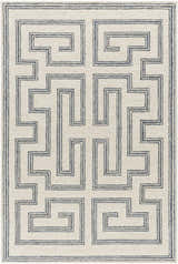 Close-up of the hand-tufted Zhang Area Rug. Gray and silver geometric Greek key pattern on a light silver wool rug. Design-Rectangle-576